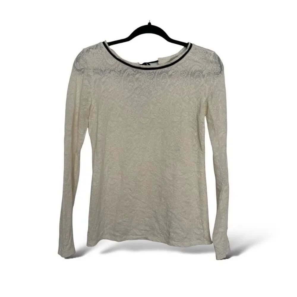🔥4/$25 Loft Long Sleeve Ivory Lace Top Black Velvet Trim Tie Closure Women's Sm